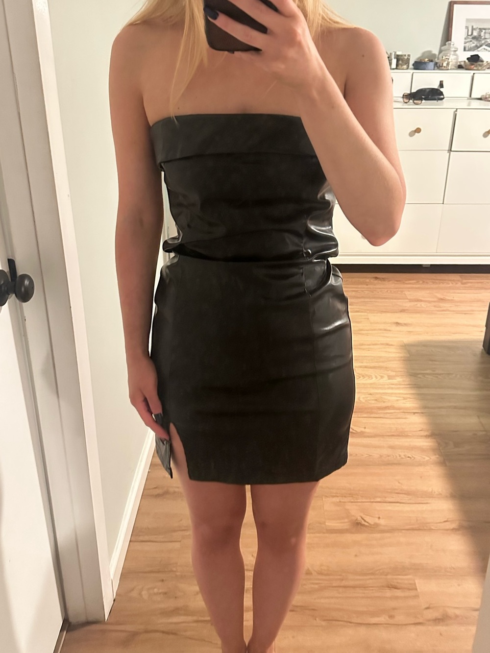 Lizard Thicket Strapless Black Faux Leather Mini Dress